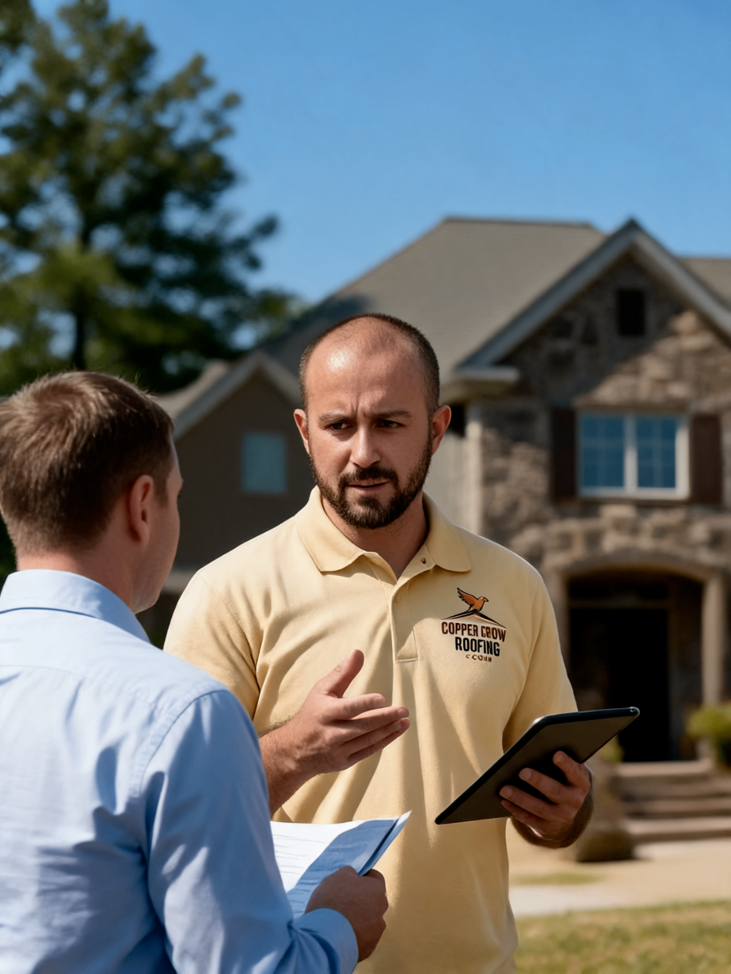Copper Crow project manager reviewing roof findings with a homeowner