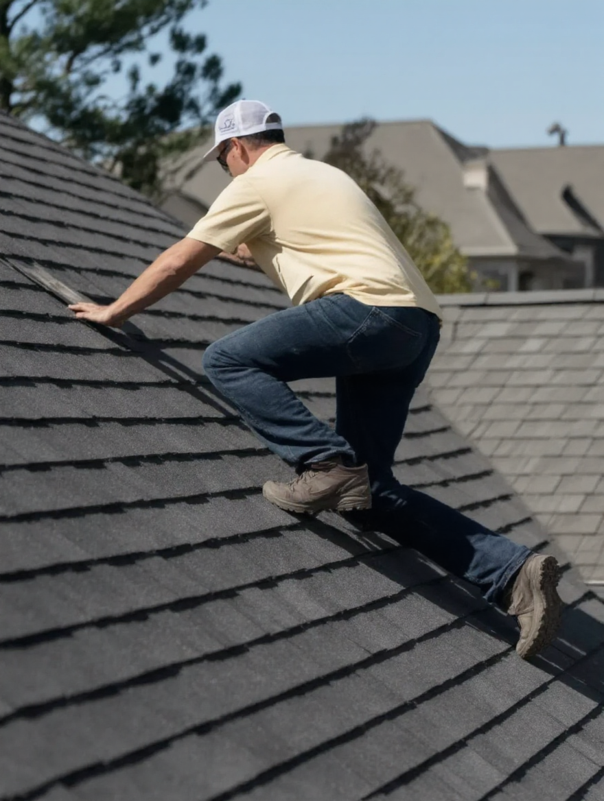 Copper Crow roofer walking a completed shingle roof