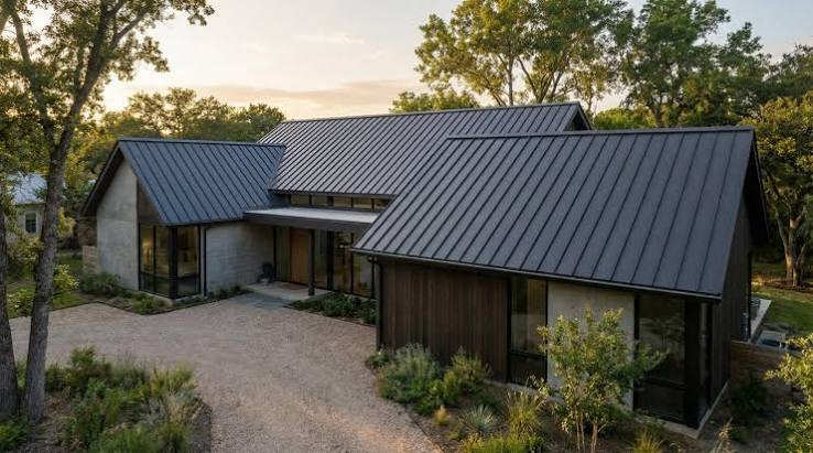 Black standing seam metal roof on a modern stone and wood home at sunset