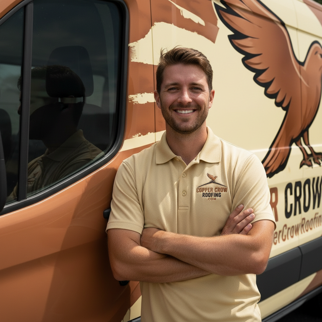 Copper Crow crew member in front of the branded company van
