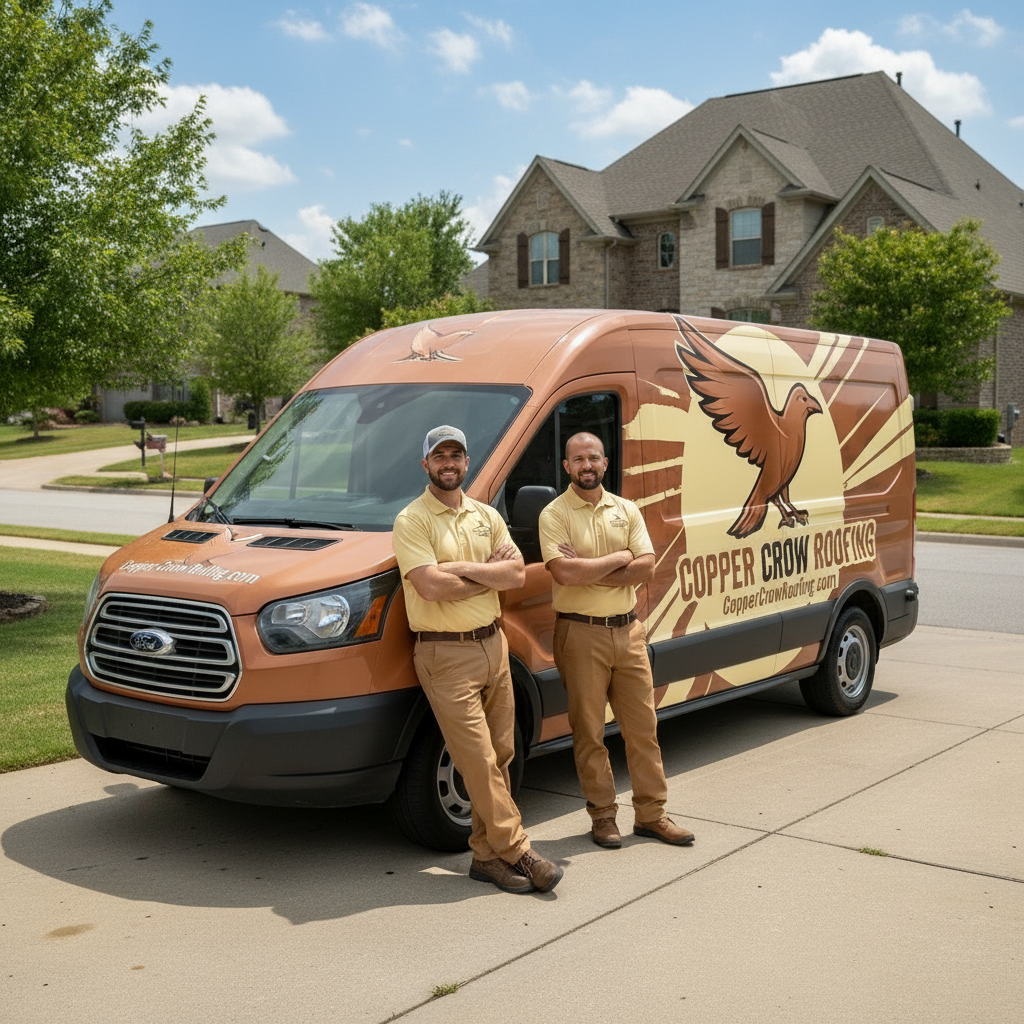 Two Copper Crow Roofing crew members standing beside the branded company van